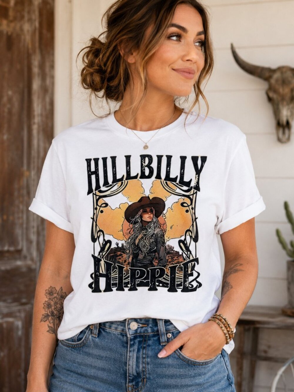 Hillbilly Hippie Graphic T Shirt Trendy Boutique Style Tee Women Gift White